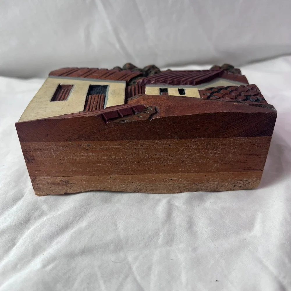 Vintage Hand Carved Wood Village Napkin Holder Letter Organizer Folk Art 6x4